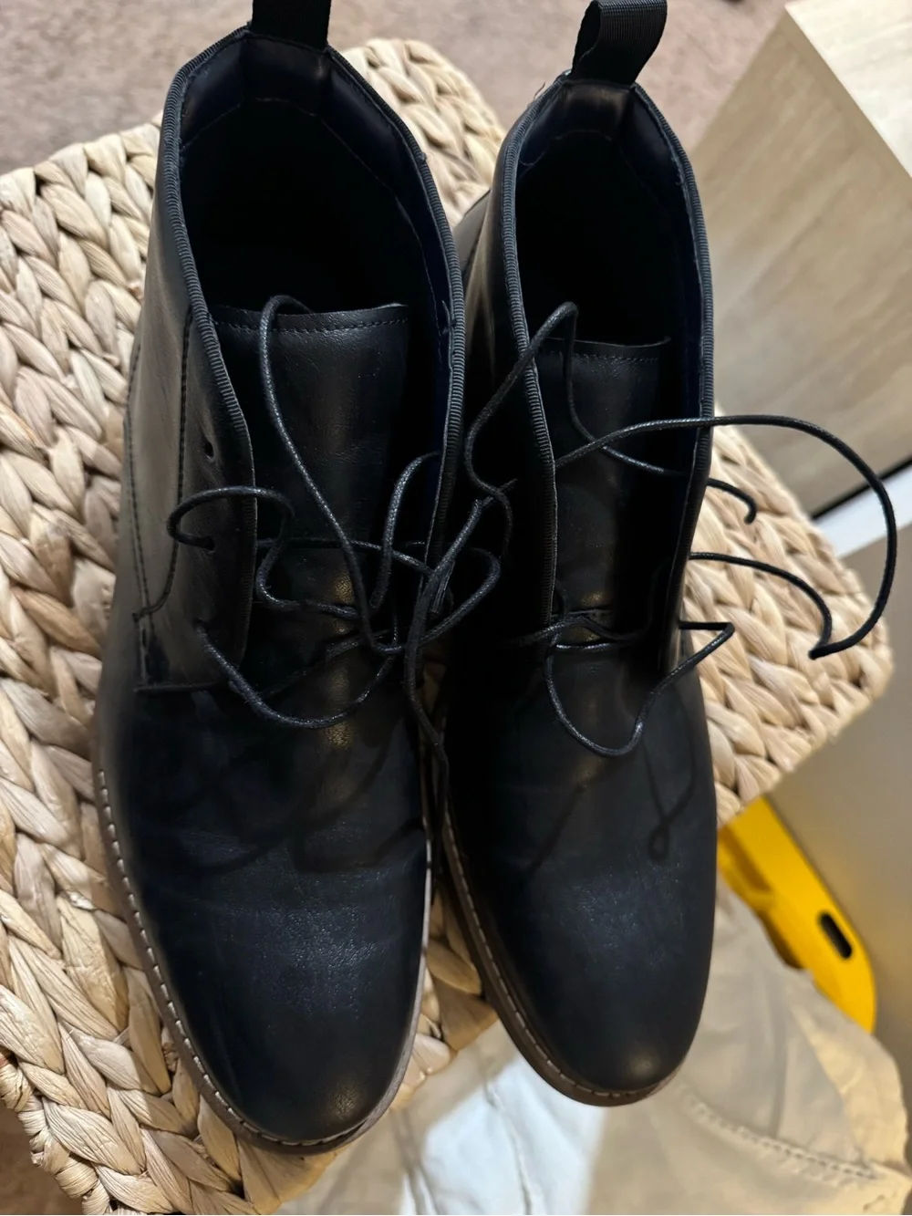 Steve Madden Black Leather Chukka Boots with Brown Stacked Sole